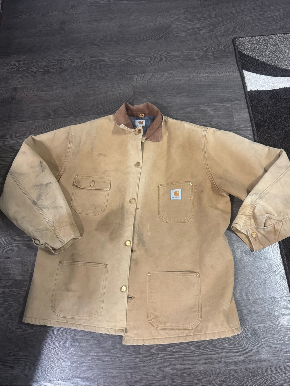 Carhartt Tan Duck Canvas Barn Coat with Brown Corduroy Collar
